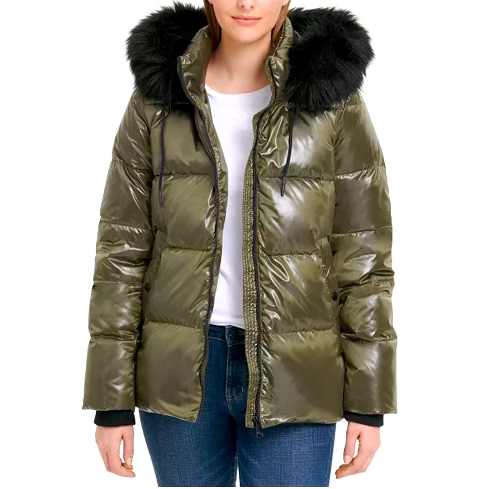 DKNY High-Shine Faux-Fur-Trim Puffer Jacket